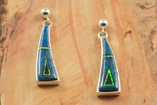 Genuine Denim Lapis and Black Jade inlaid in Sterling Silver.  Stunning Post Earrings feature Fire and Ice Lab Opal Accents. Designed by Navajo Artist Calvin Begay. Signed by the artist.